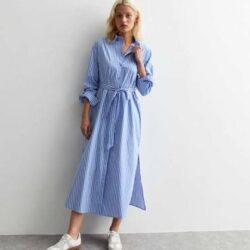 blu Stripped Belted Shirt Midi Dress