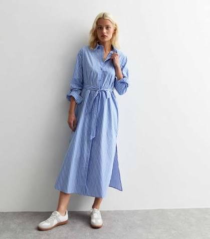 blu Stripped Belted Shirt Midi Dress