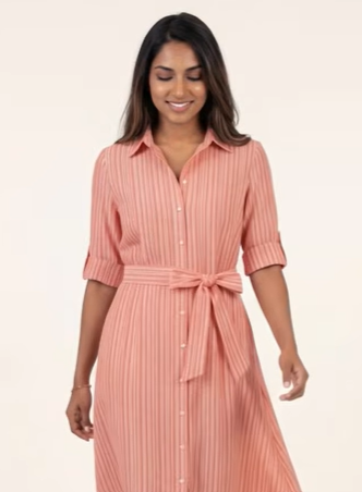 Stripped Belted Shirt Midi Dress